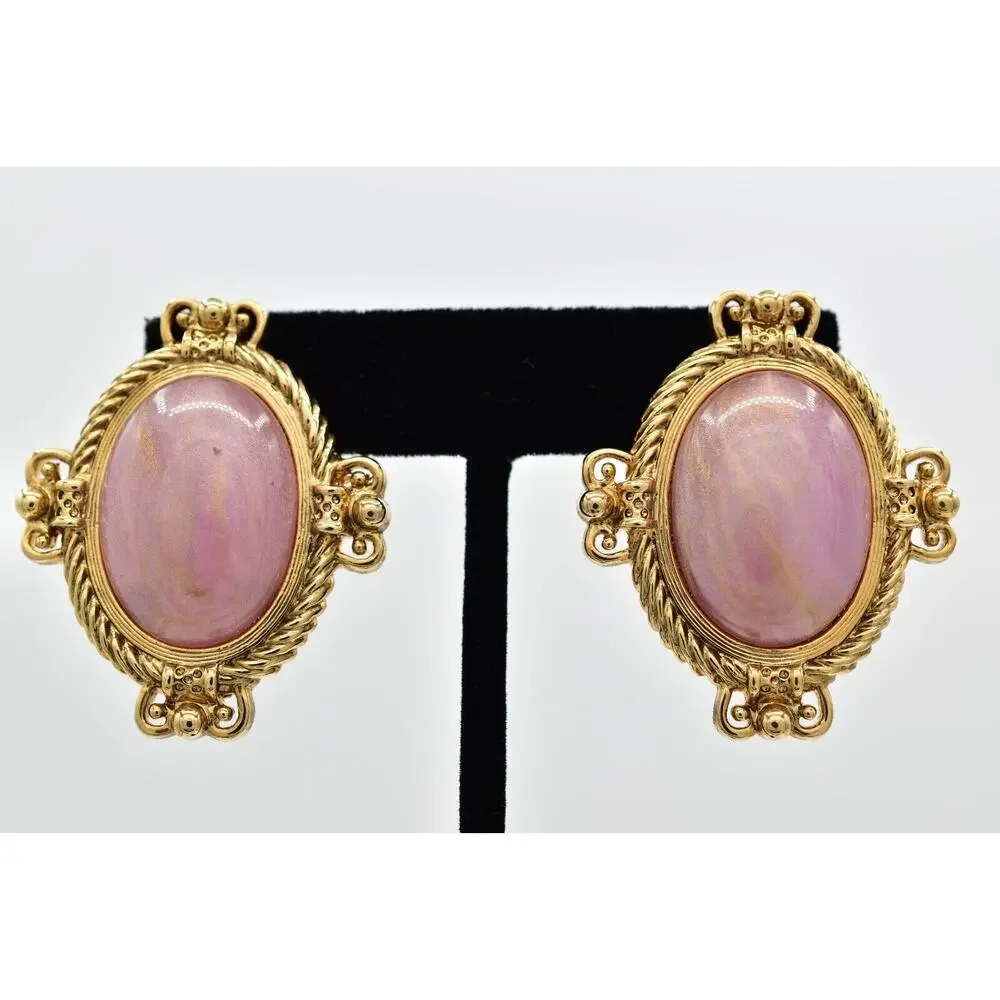 1928 Vintage Cabochon Clip On Earrings Mauve Oval Gold Heavy Chunky 1980s BinBB